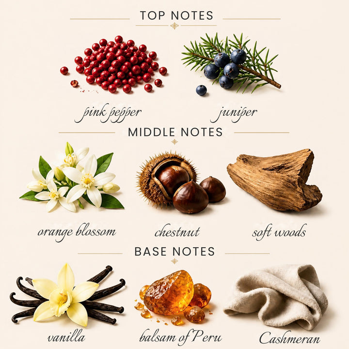 Top Notes:
pink pepper
juniper
Middle Notes:
orange blossom
chestnut
soft woods
Base Notes:
vanilla
balsam of Peru
Cashmeran
