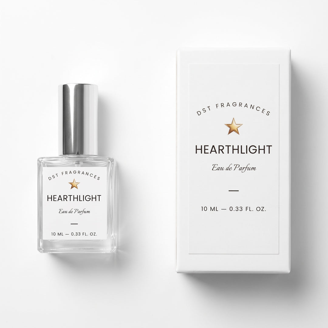 A 10 mL bottle of DST Fragrances Heartlight Eau de Parfum with a silver cap, shown next to its white packaging box on a clean white background.