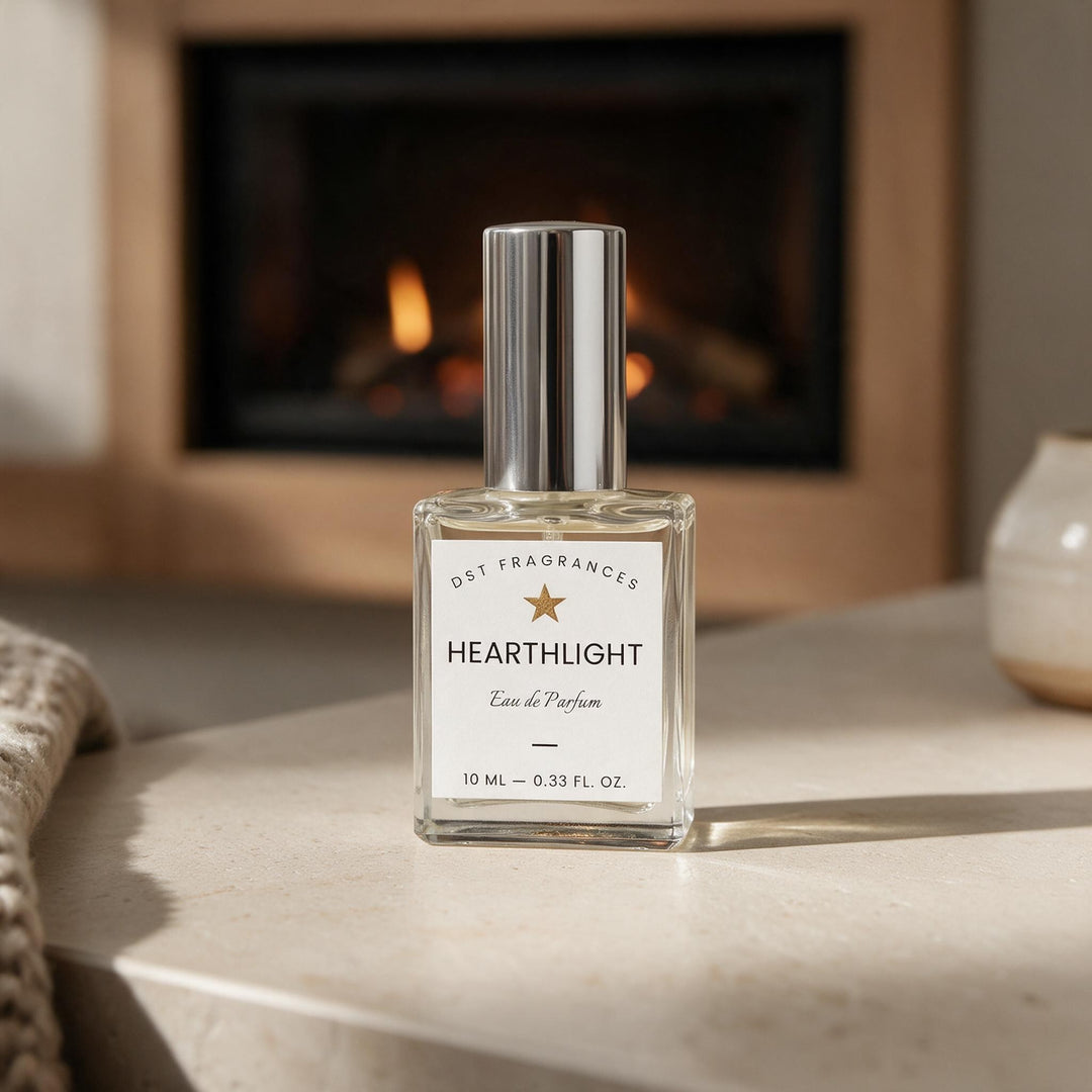 A 10 mL bottle of Heartlight Eau de Parfum by Dst Fragrances, featuring a clear glass body, white label, and a shiny silver cap, set on a stone surface with a blurred fireplace in the background.