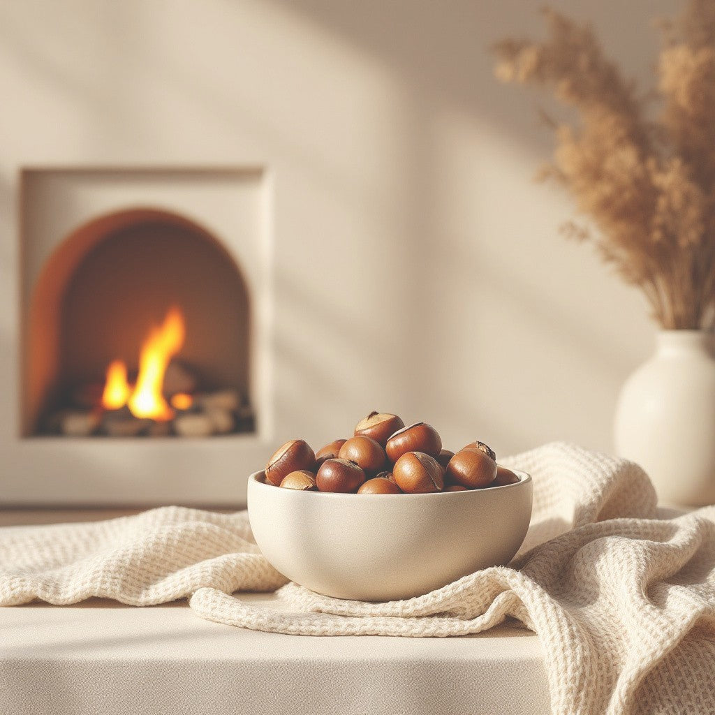 A white ceramic bowl filled with brown acorns sits on a cream textured throw blanket in front of a softly blurred fireplace, with dried grass in a vase in the background.