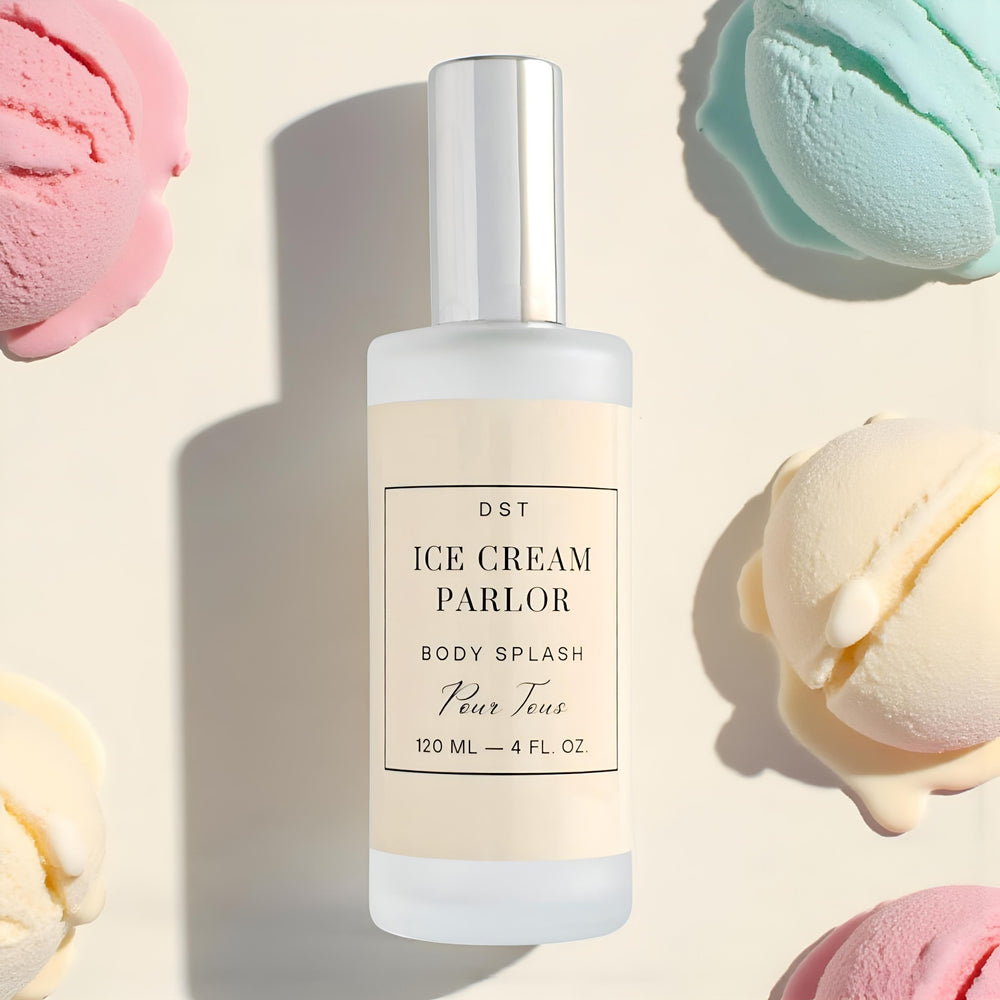Body splash bottle labeled 'Ice Cream Parlor' with ice cream scoops in the background
