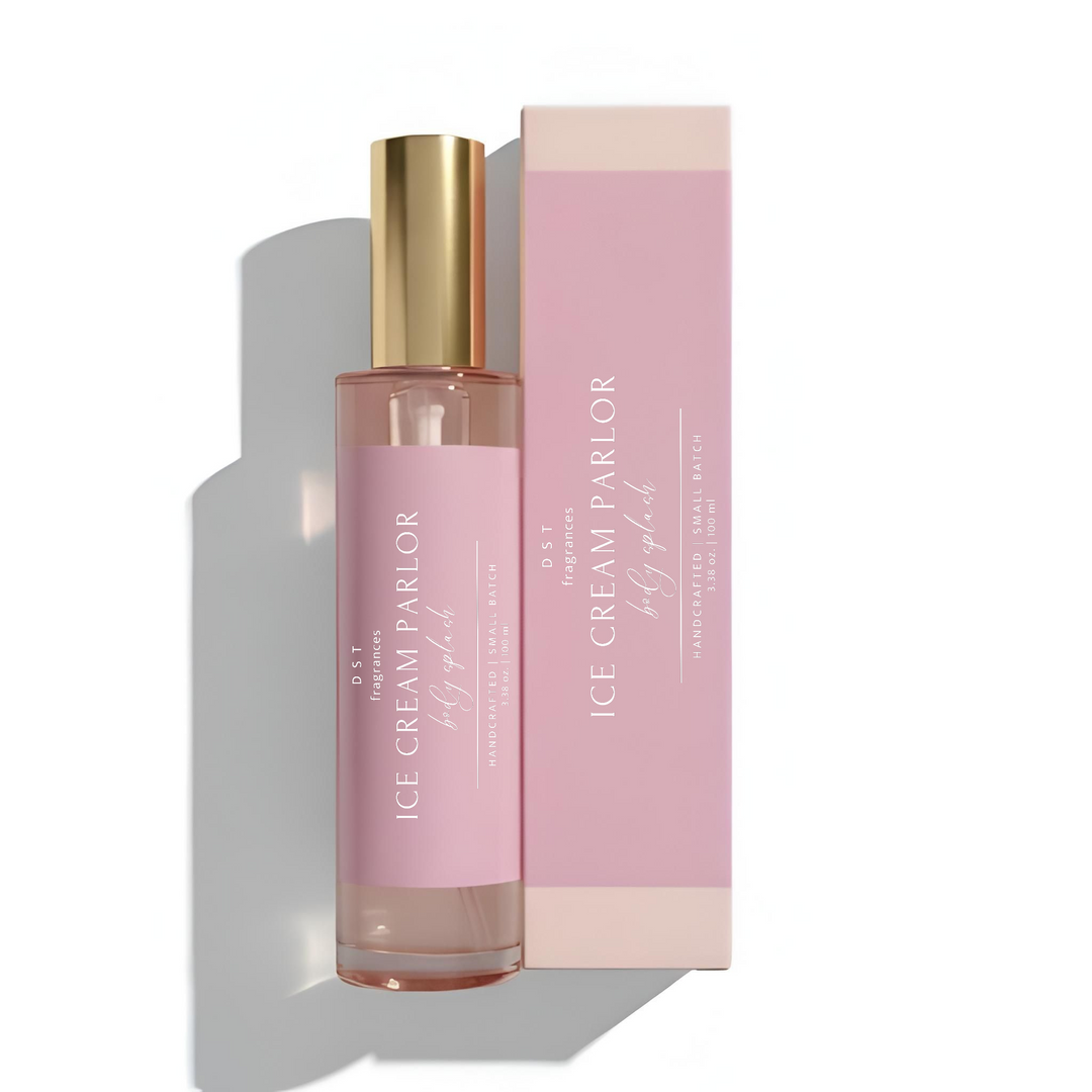 30ml bottle of Ice Cream Parlor body splash and its box by DST Fragrances on a white background.