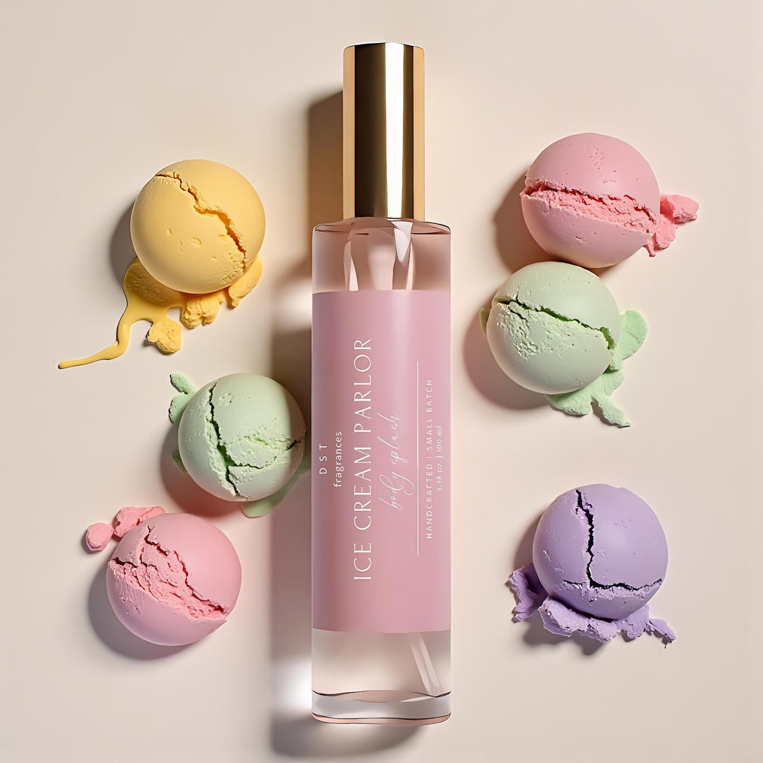 100ml bottle of Ice Cream Parlor Body Splash by DST Fragrances on an ivory background surrounded by scoops of pastel colored ice cream.