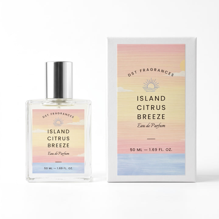 50ml bottle of Island Citrus Breeze EDP and its box by DST Fragrances against a white background.