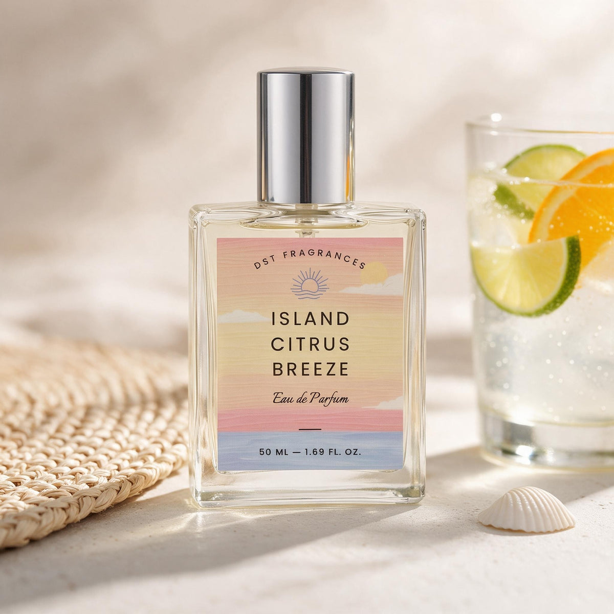 A bottle of ISLAND CITRUS BREEZE Eau de Parfum by Dst Fragrances stands on a light surface beside a woven mat and a glass of citrus drink. The bottle is clear glass with a silver cap and a pastel label featuring pink, cream, yellow, and blue bands.
