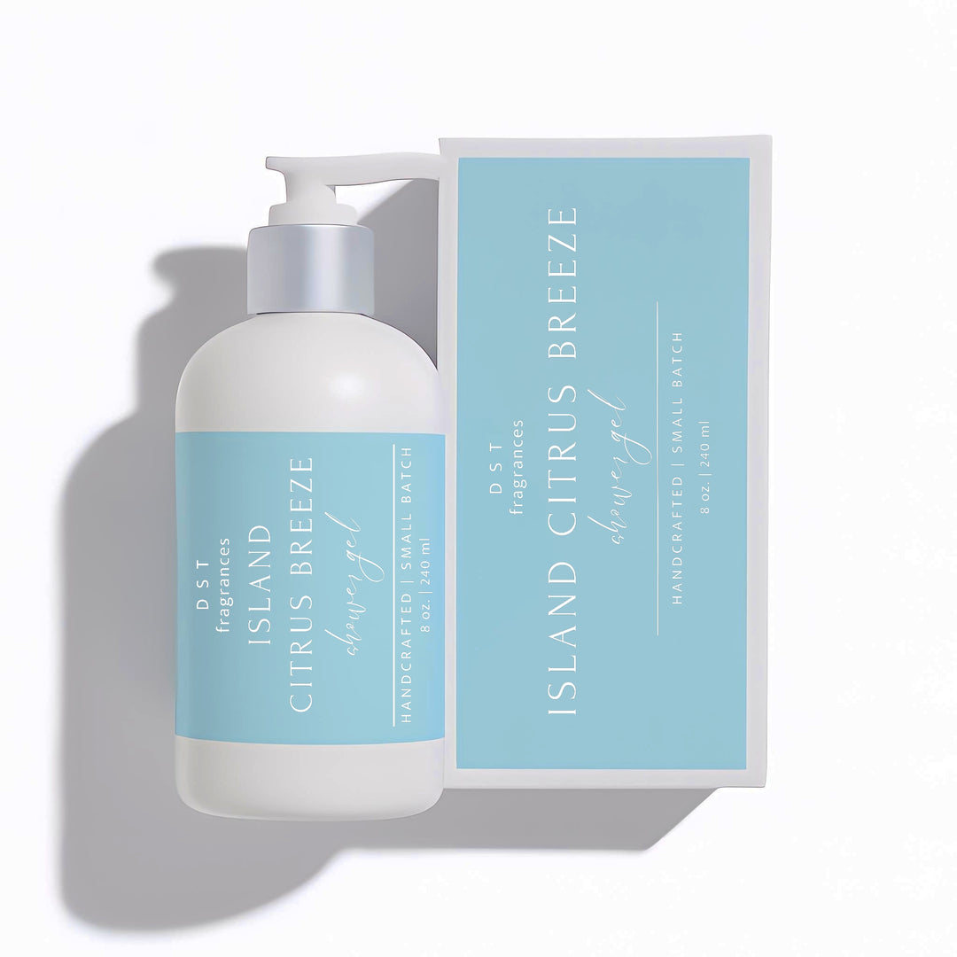 240ml bottle of Island Citrus Breeze scented Shower gel and its box by DST Fragrances against a white background.