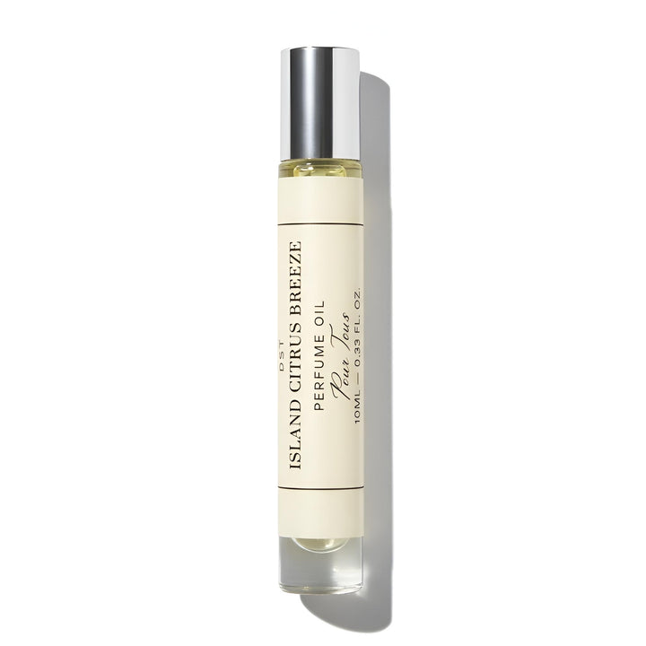 Perfume oil bottle labeled 'Island Citrus Breeze' on a white background