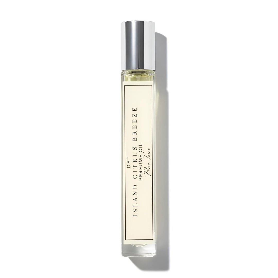 Perfume bottle labeled 'Island Citrus Breeze' on a white background