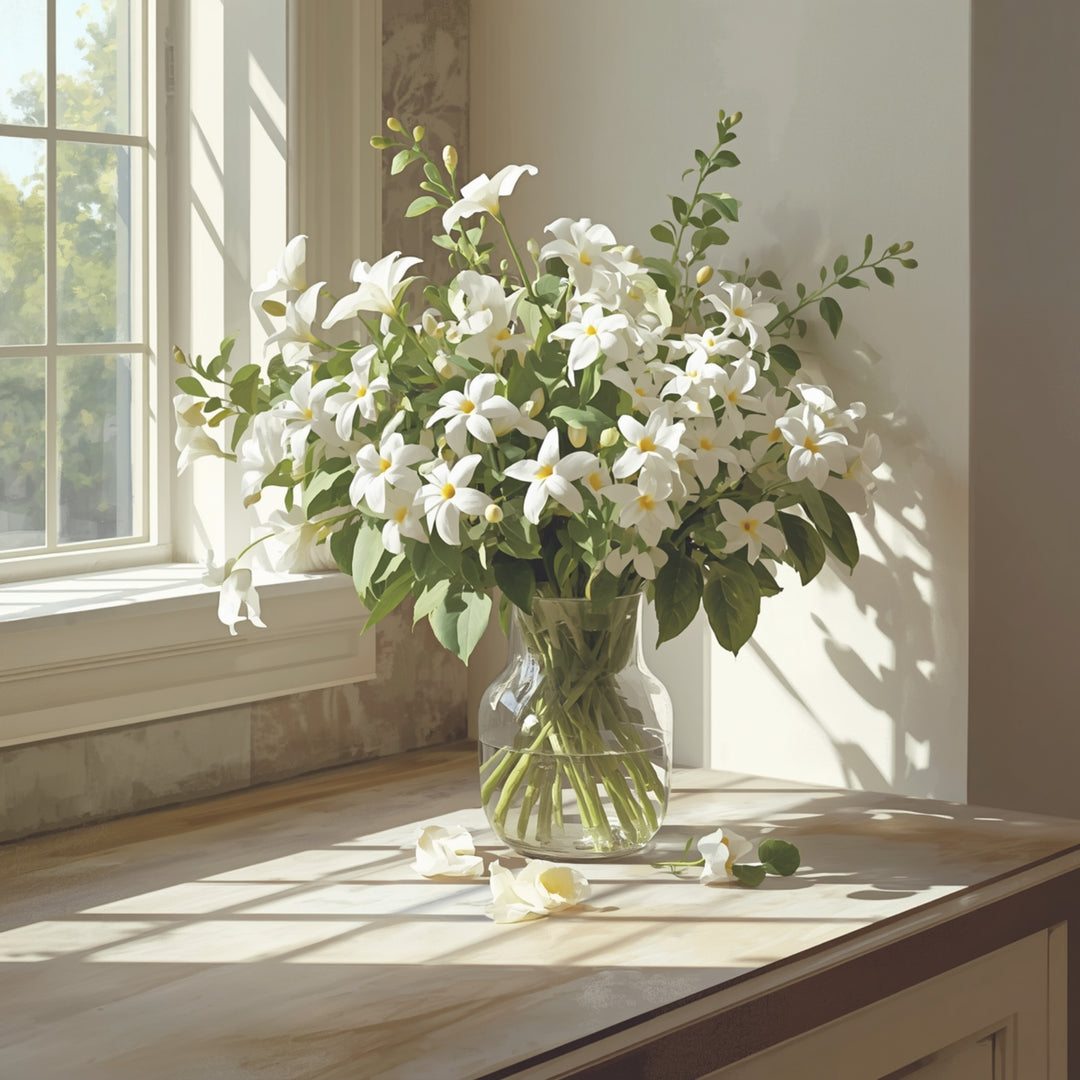 A large, lush bouquet of white flowers with green leaves arranged in a clear glass vase on a light-colored wooden table, set in a sunlit room next to a window.