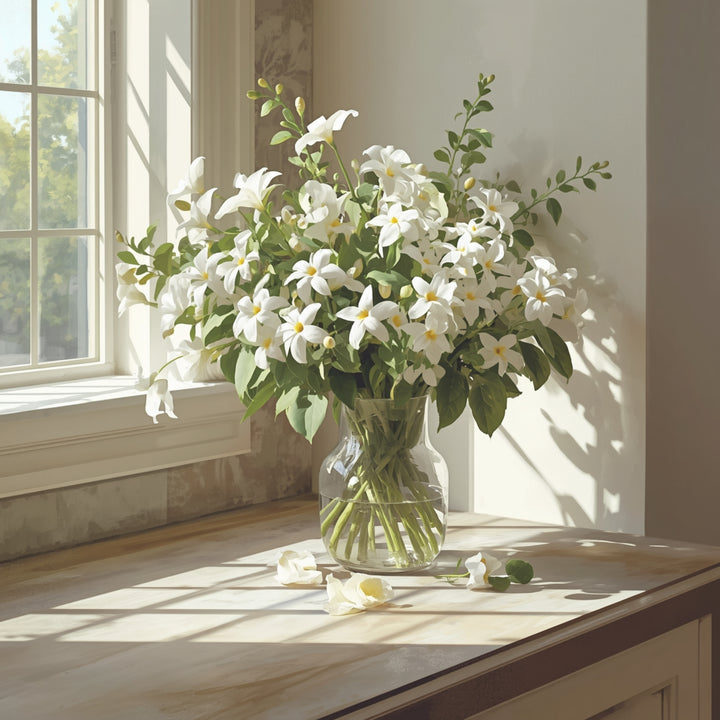 A large, lush bouquet of white flowers with green leaves arranged in a clear glass vase on a light-colored wooden table, set in a sunlit room next to a window.