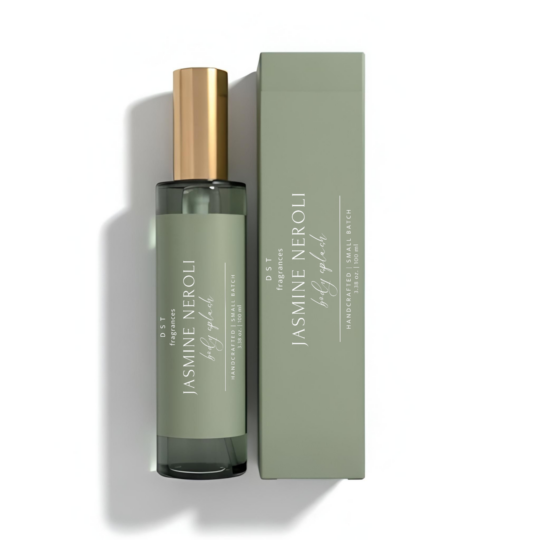 100ml bottle of Jasmine Neroli Body Splash and the box it is packaged in by DST Fragrances on a white background.