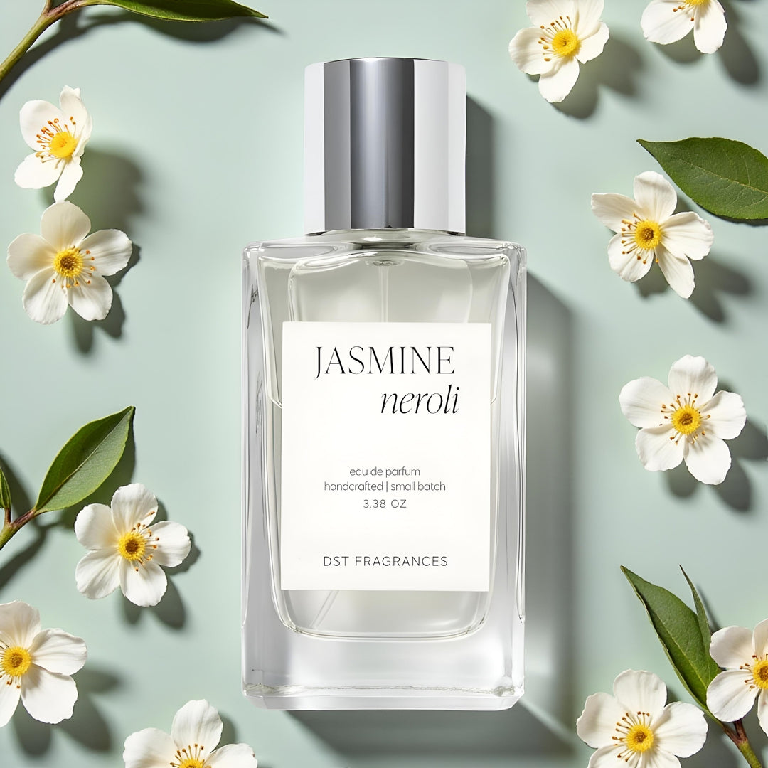 100ml Bottle of Jasmine Neroli Eau de Parfum by DST Fragrances laying on a white surface with small white and yellow jasmine flowers in the background.