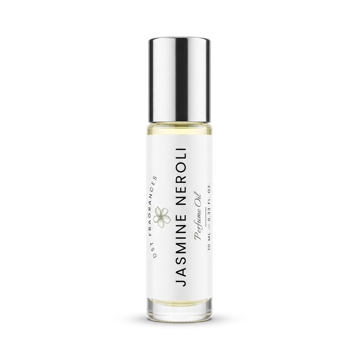 A clear glass bottle of Jasmine Neroli perfume oil with a white label and a reflective silver cap, centered on a white background.