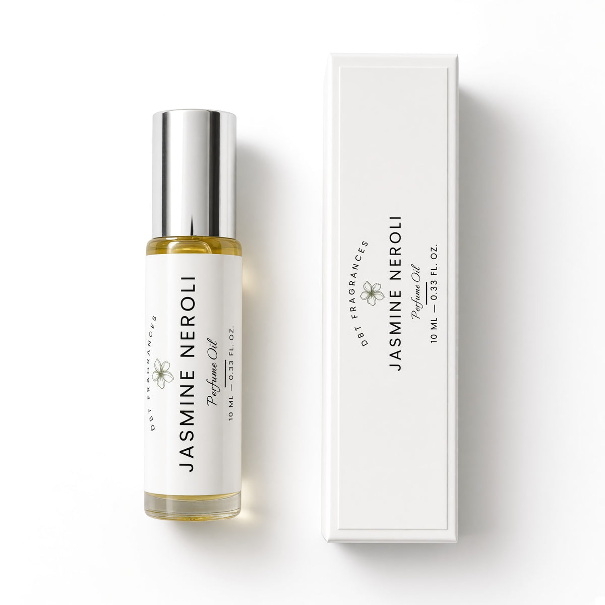 A 10 mL bottle of Jasmine Neroli Perfume Oil by DST Fragrances, shown next to its white packaging box on a clean white background.