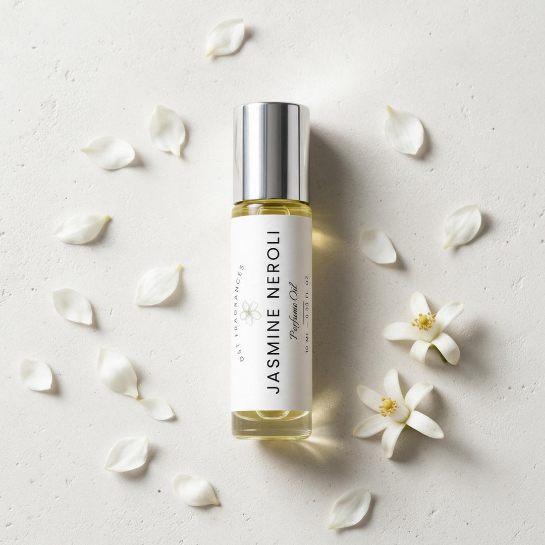 A clear cylindrical bottle of jasmine neroli fragrance oil with a reflective silver cap and a white label, centered on a light textured background with scattered white flower petals and blossoms.