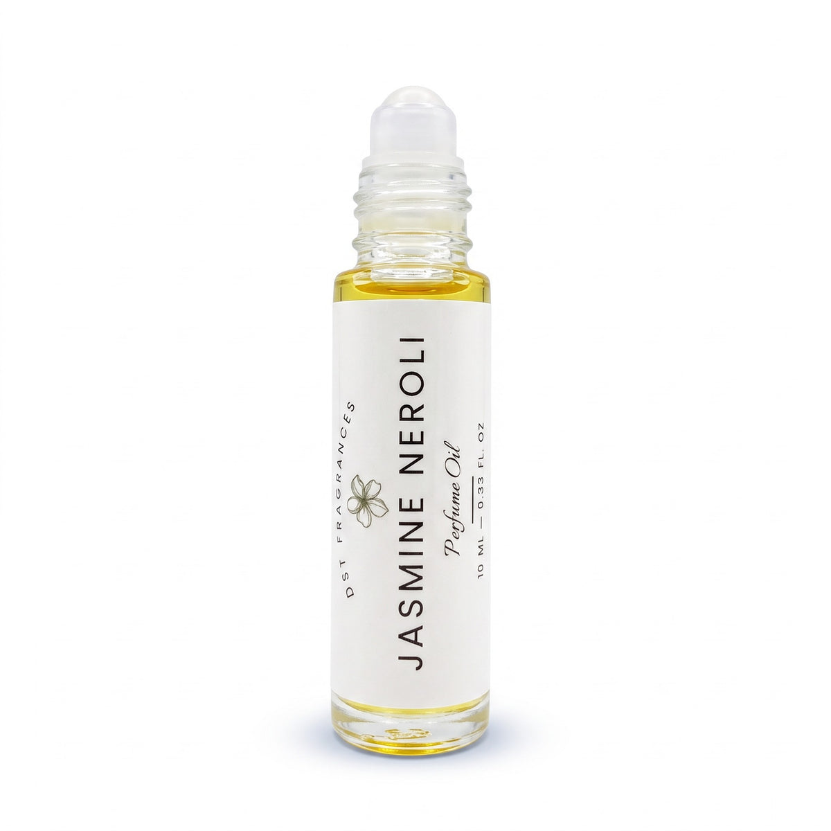 A clear glass rollerball bottle filled with pale yellow jasmine neroli perfume oil, featuring a white label with black text and a small flower illustration. The bottle is centered on a clean white background.