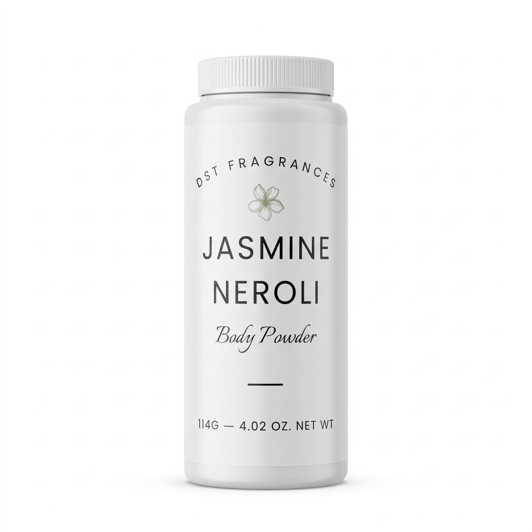 114g bottle of Jasmine Neroli scented Body powder by DST Fragrances against a white background.