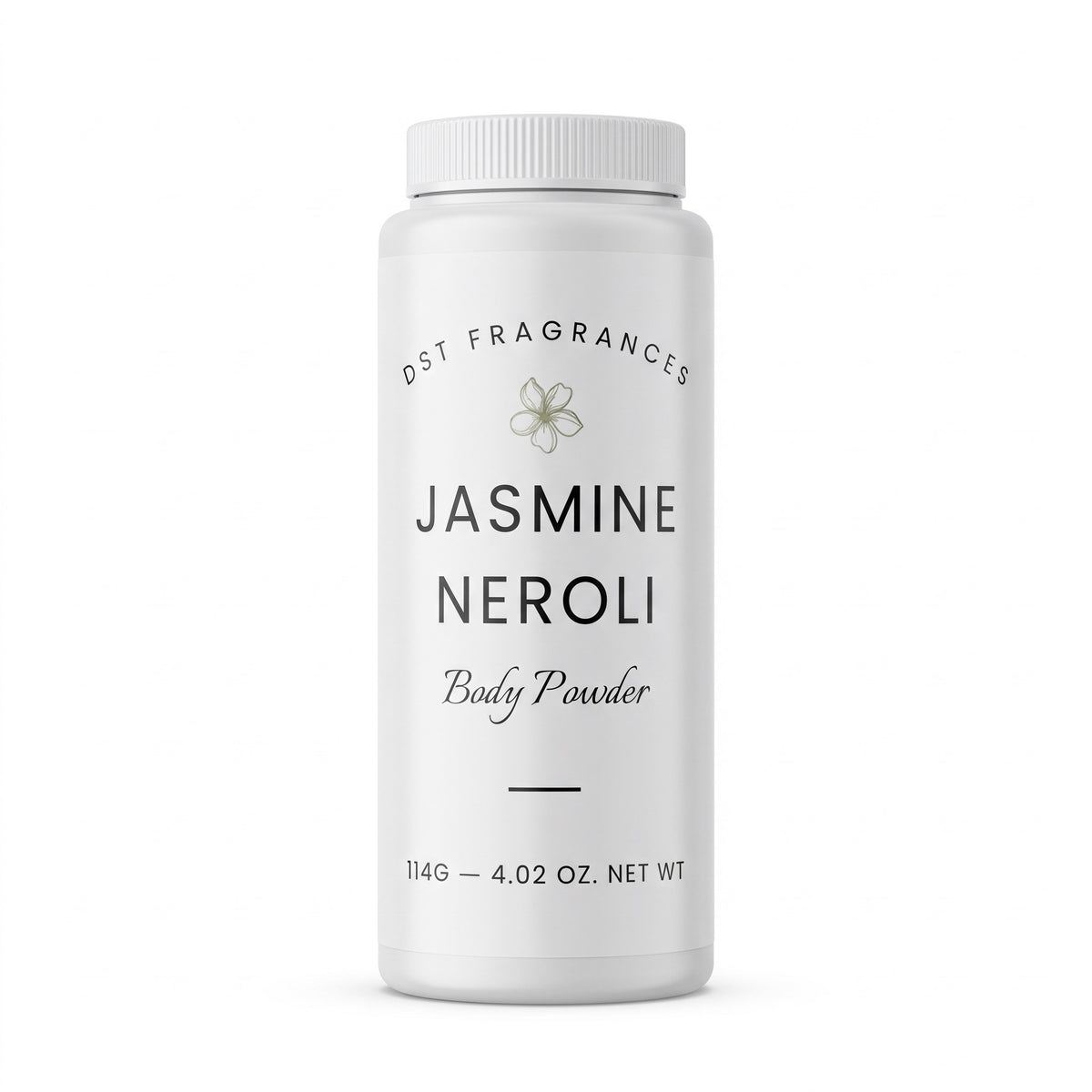 114g bottle of Jasmine Neroli scented Body powder by DST Fragrances against a white background.