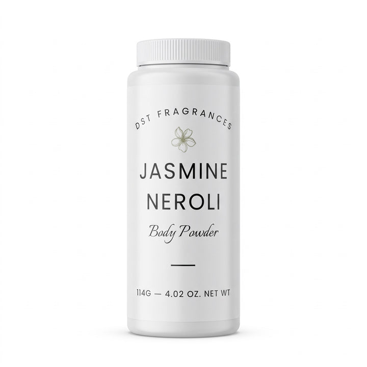 114g bottle of Jasmine Neroli scented Body powder by DST Fragrances against a white background.