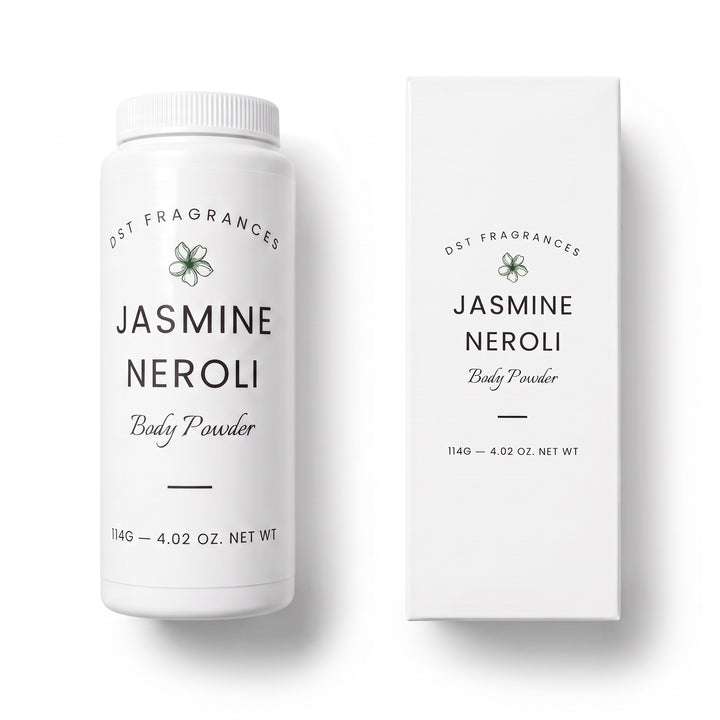 114g bottle of Jasmine Neroli scented Body powder and its box by DST Fragrances against a white background.