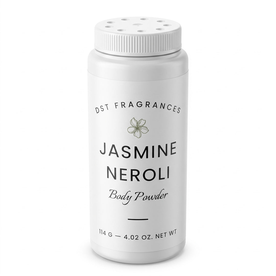 114g bottle of Jasmine Neroli scented Body powder by DST Fragrances against a white background. Picture shows dispenser holes in top of the cap.
