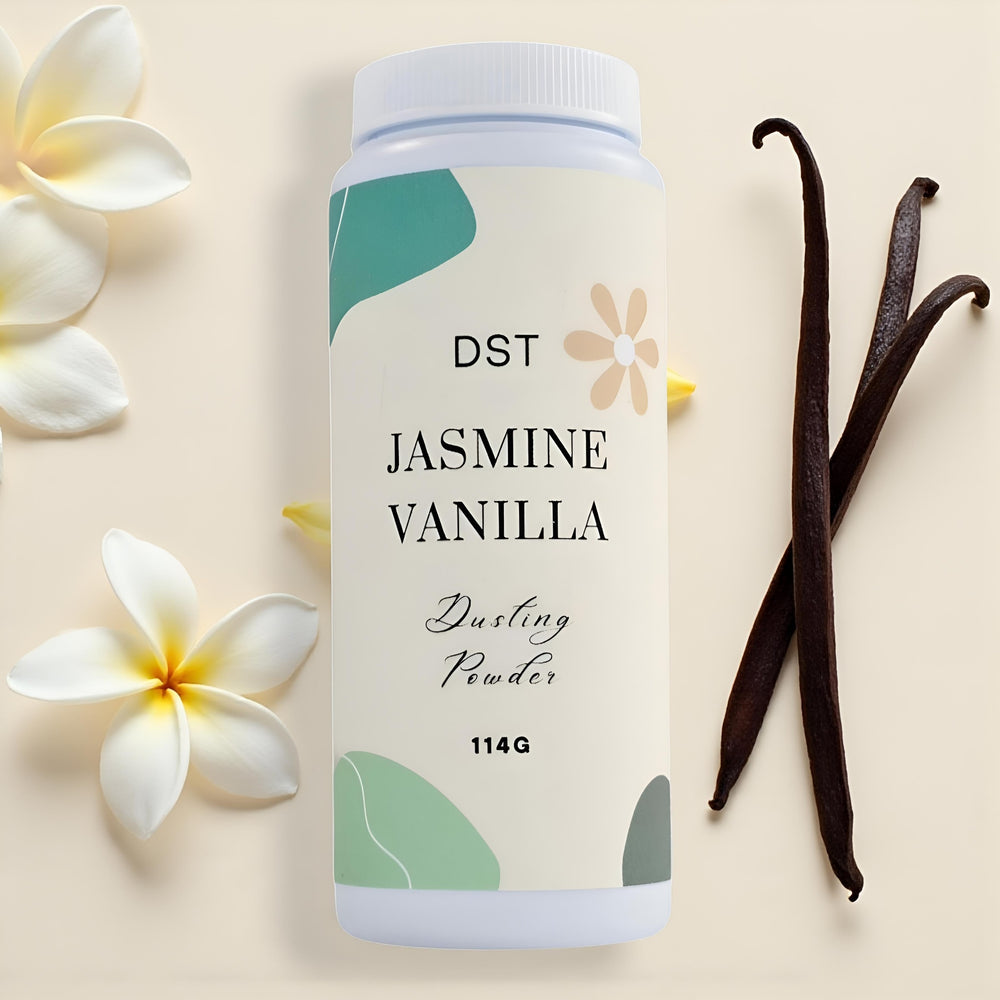 Jasmine Vanilla powder container with vanilla beans and flowers on a light background
