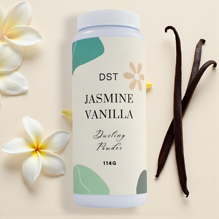 Jasmine Vanilla powder container with vanilla beans and flowers on a light background