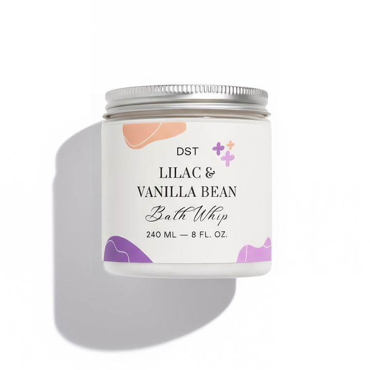 Bath whip container with 'Lilac & Vanilla Bean' label on a white background