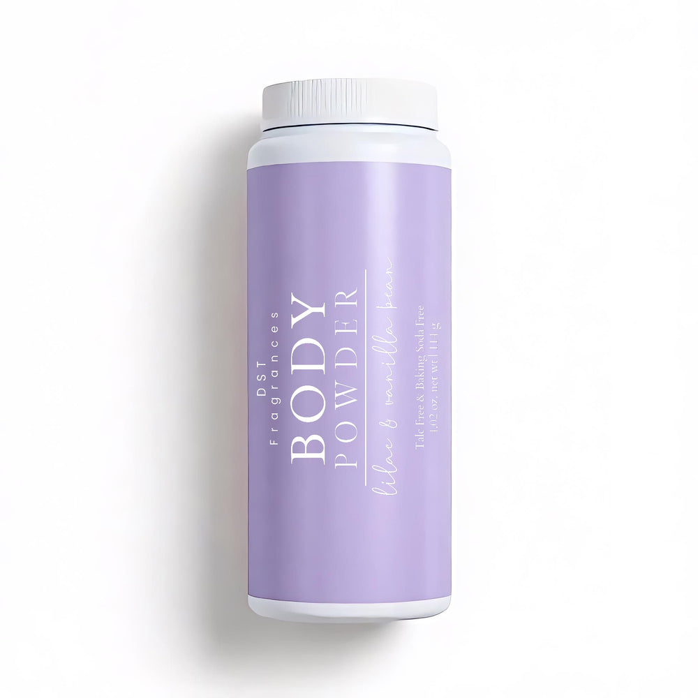 DST Fragrances Lilac & Vanilla Bean scented dusting powder container on a white background