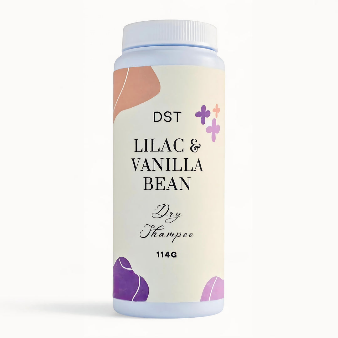Dry shampoo container labeled 'Lilac & Vanilla Bean' with a white background