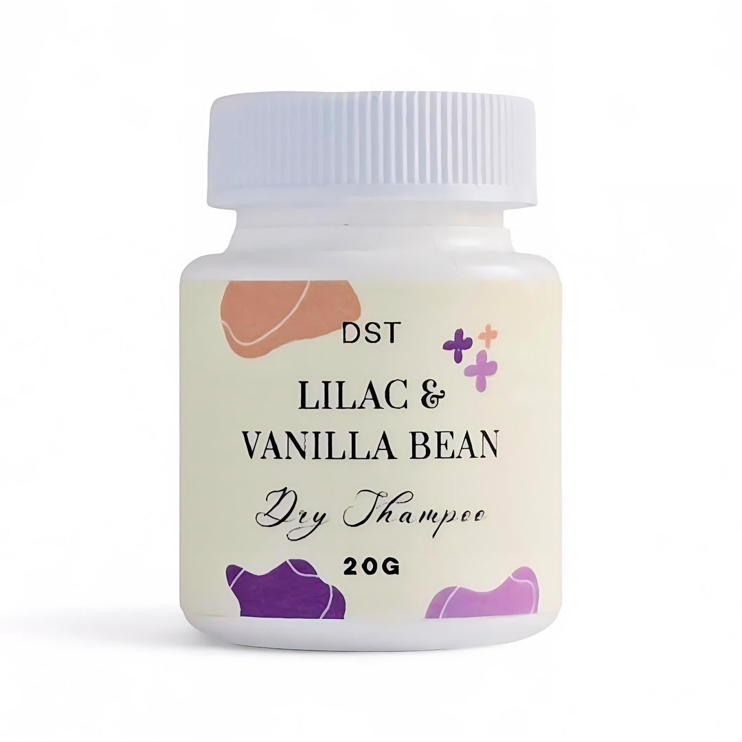 Bottle of DST Lilac & Vanilla Bean Dry Shampoo on a white background