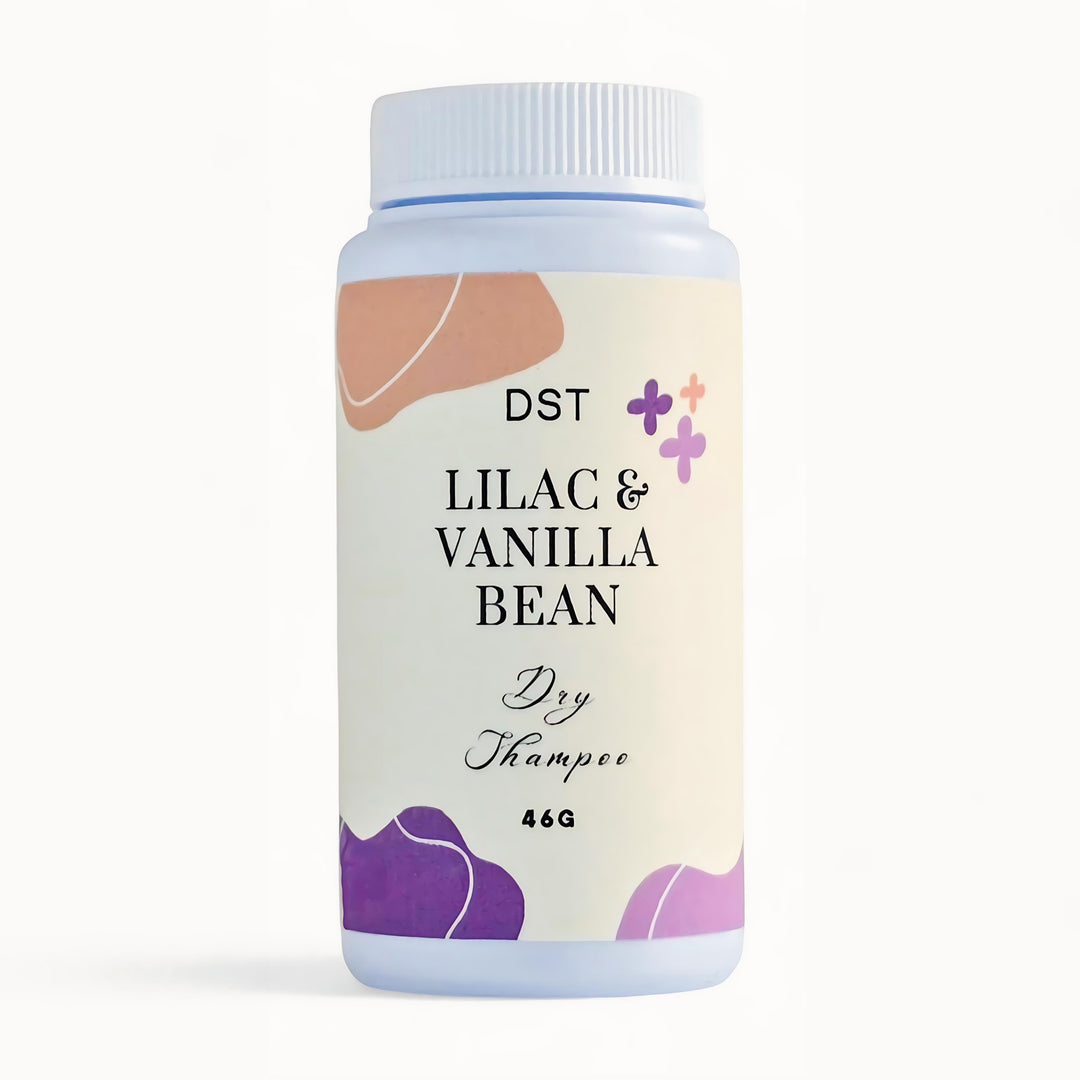 Dry shampoo bottle labeled 'Lilac & Vanilla Bean' by DST on a white background