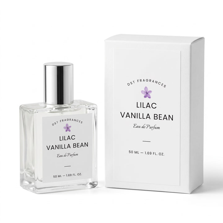 A 50 ml bottle of DST Fragrances Lilac Vanilla Bean Eau de Parfum next to its white packaging box, set against a clean white background.