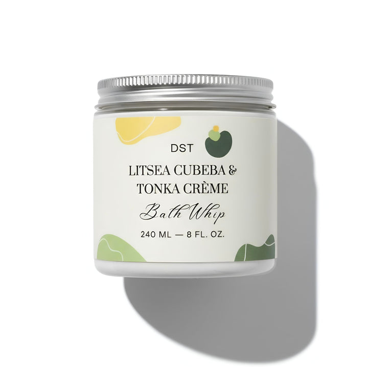Bath whip container with a white label featuring botanical illustrations on a white background