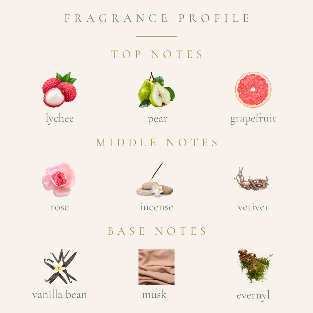 Top Notes:
lychee
pear
grapefruit
Middle Notes:
rose
incense
vetiver
Base Notes:
vanilla bean
musk
evernyl