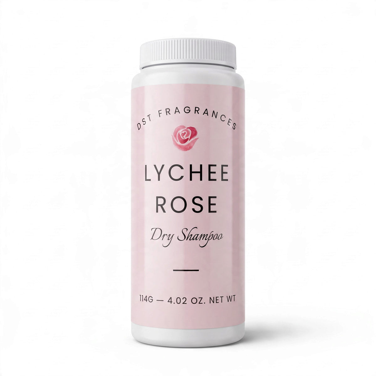 A white plastic bottle of DST Fragrances Lychee Rose Dry Shampoo, featuring a light pink label with black text and a small pink rose graphic, set against a plain white background.