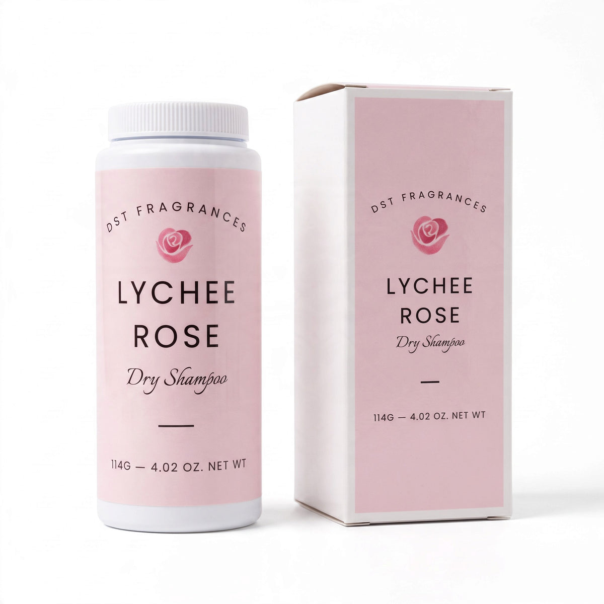 A bottle of DST Fragrances Lychee Rose Dry Shampoo next to its matching pink and white packaging box, set against a clean white background.