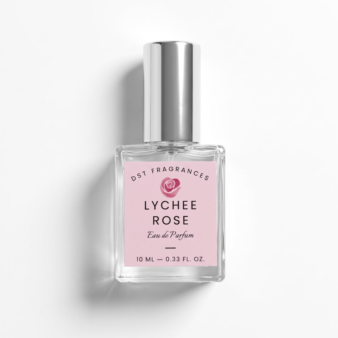 10ml bottle of Lychee Rose EDP by DST Fragrances against a white background.