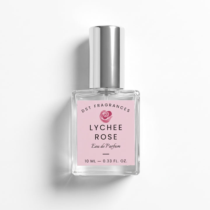 10ml bottle of Lychee Rose EDP by DST Fragrances against a white background.