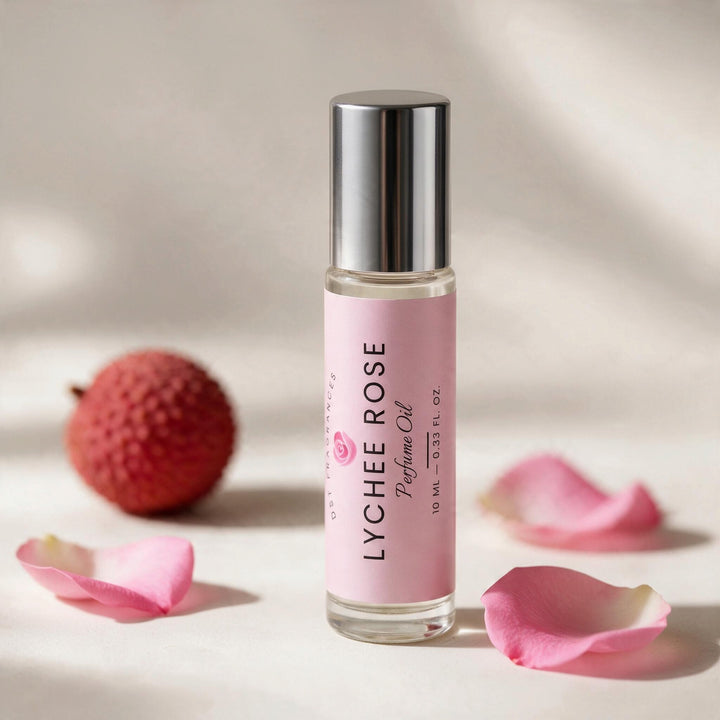 10ml roll on bottle of Lychee Rose Perfume Oil by DST Fragrances. The bottle is sitting on an ivory surface with three pink rose petals and a lychee fruit in the background.
