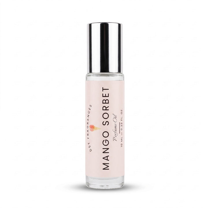 A 10 ml glass rollerball bottle of Mango Sorbet Perfume Oil by Dst. Fragrances, featuring a light pink label and a reflective silver cap, set against a plain white background.