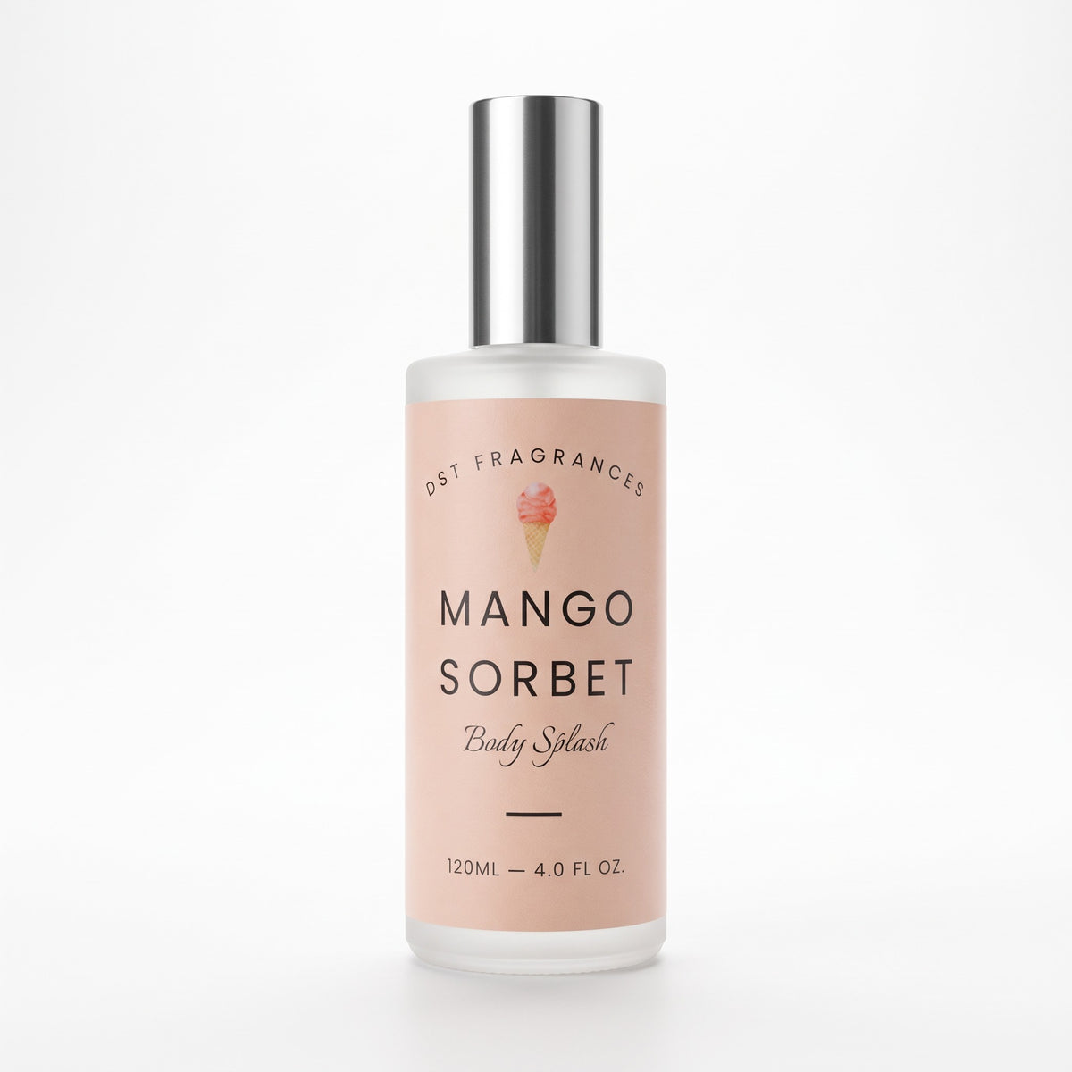 A bottle of DST FRAGRANCES Mango Sorbet Body Splash, 120ml (4.0 fl oz), featuring a light peach-pink label with a silver cap on a white background.