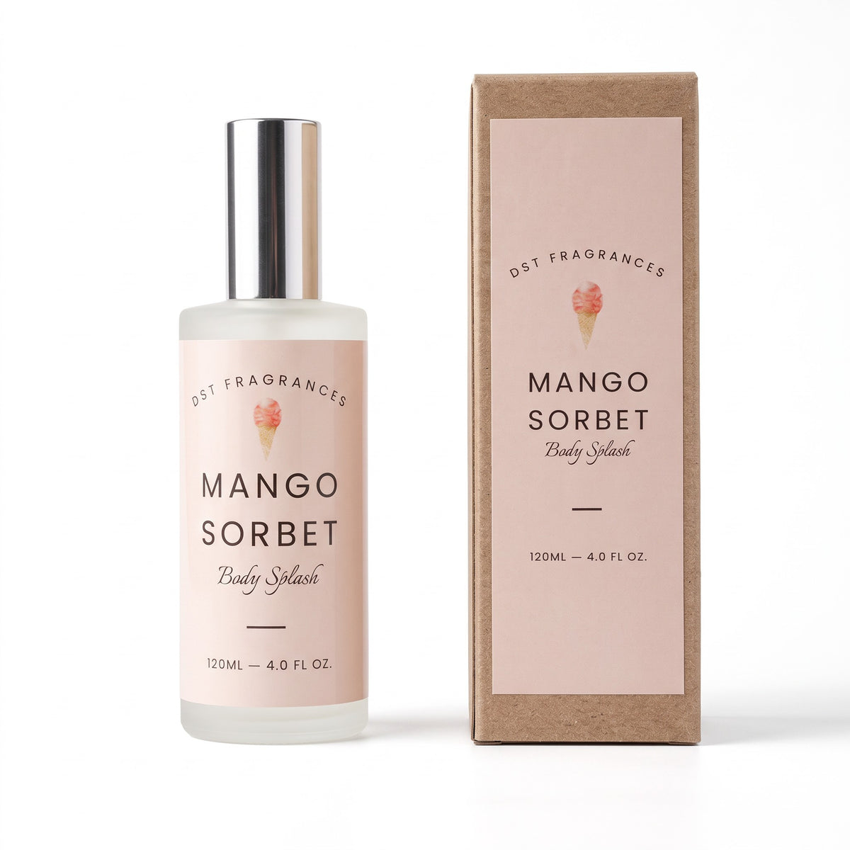 A bottle of DST Fragrances Mango Sorbet Body Splash next to its brown kraft paper packaging box, both featuring a pale pink label with a small mango ice cream cone illustration.