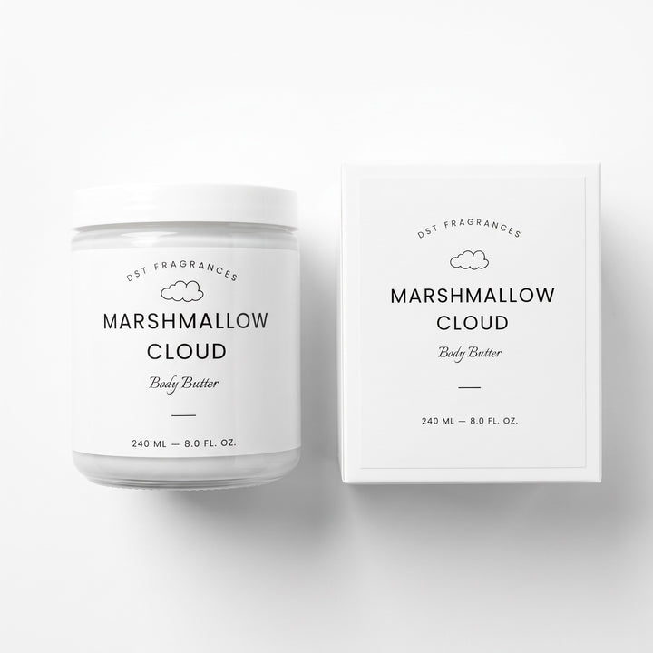 A white jar of ODT Fragrances Marshmallow Cloud Body Butter next to its white packaging box, both featuring black text and a simple cloud icon on a clean white background.