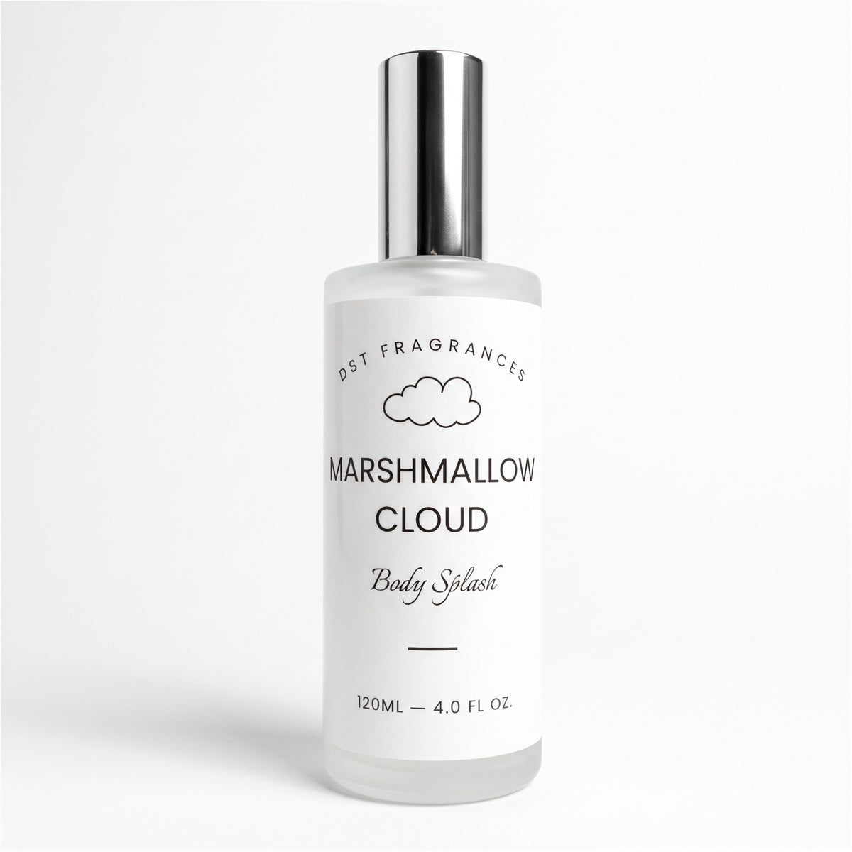 A frosted glass bottle of Dst Fragrances Marshmallow Cloud Body Splash with a reflective silver cap, set against a clean white background.