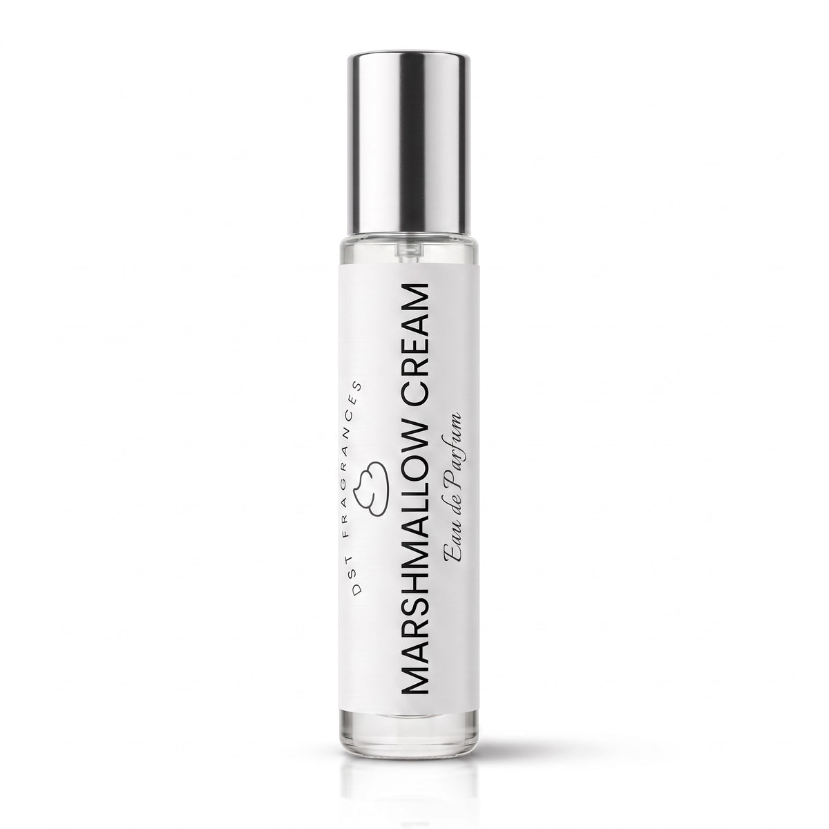 A clear cylindrical rollerball perfume bottle with a reflective silver cap and a white label reading 'MARSHMALLOW CREAM' and 'DST Fragrances', centered on a white background.