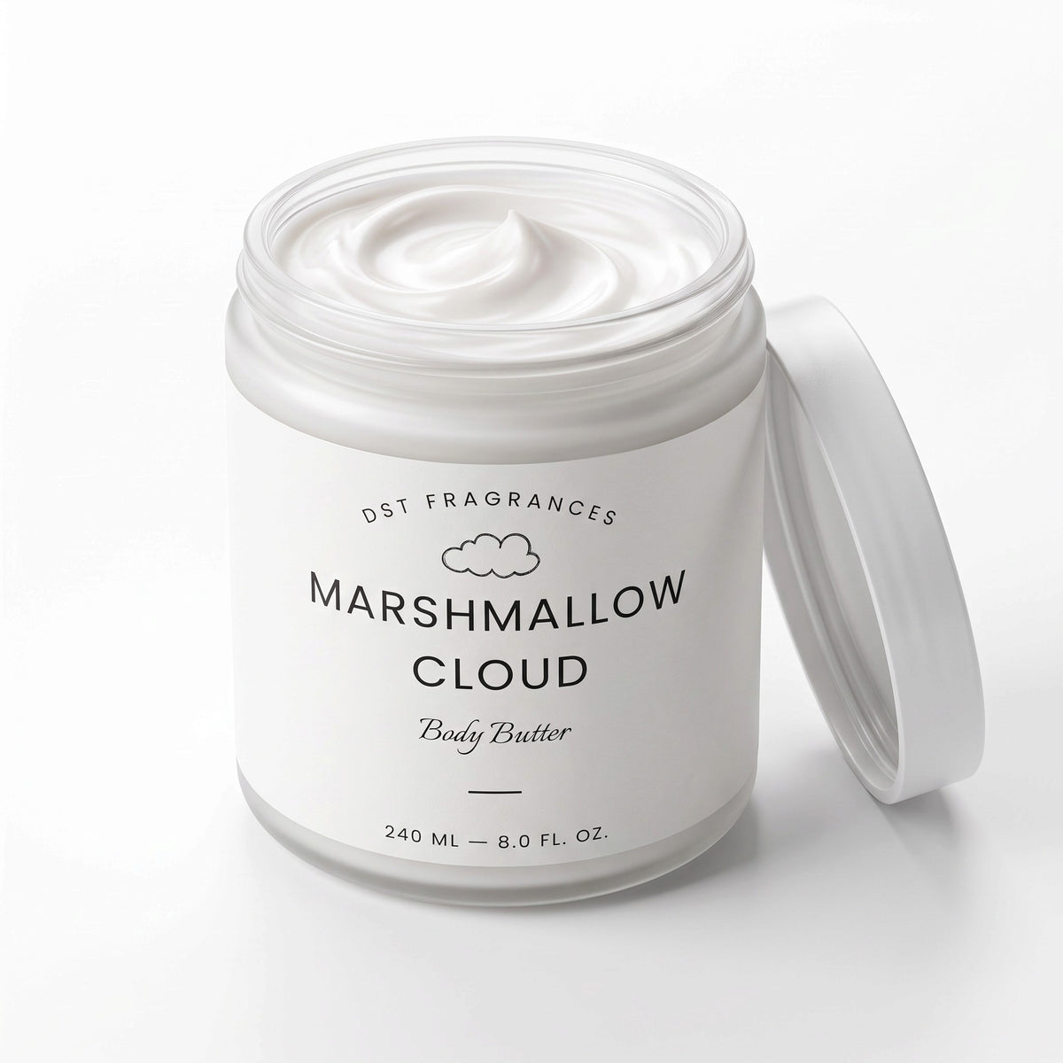 A jar of Dst Fragrances Marshmallow Cloud Body Butter with its lid off, showing the white cream inside, on a clean white background.