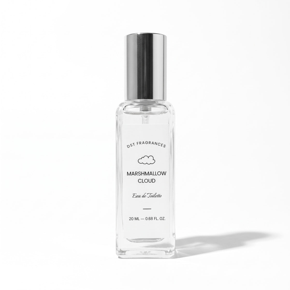 A clear glass perfume bottle with a reflective silver cap, labeled 'Marshmallow Cloud' by DST Fragrances