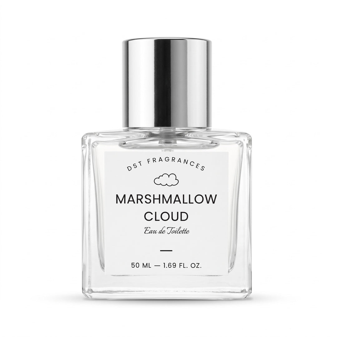 A 50 ml clear glass perfume bottle with a reflective silver cap, featuring a white label with black text that reads &
