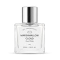 A 50 ml clear glass perfume bottle with a reflective silver cap, featuring a white label with black text that reads 'DST FRAGRANCES MARSHMALLOW CLOUD Eau de Toilette'.